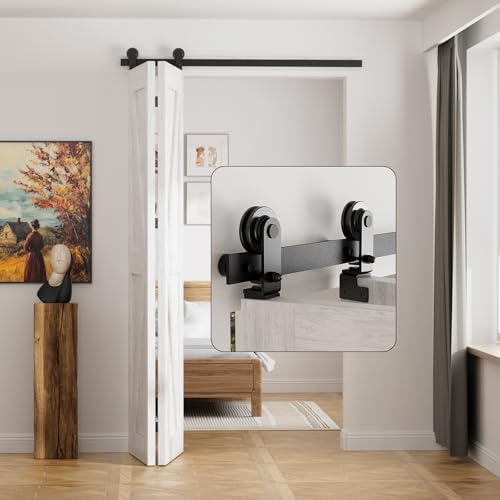 153 cm / 5 ft Bifold Sliding Door Fitting Sliding Door System Complete Set Runner Rail Wheels Set Black for 2 Wooden Doors 74 cm Top Mount T Wheel