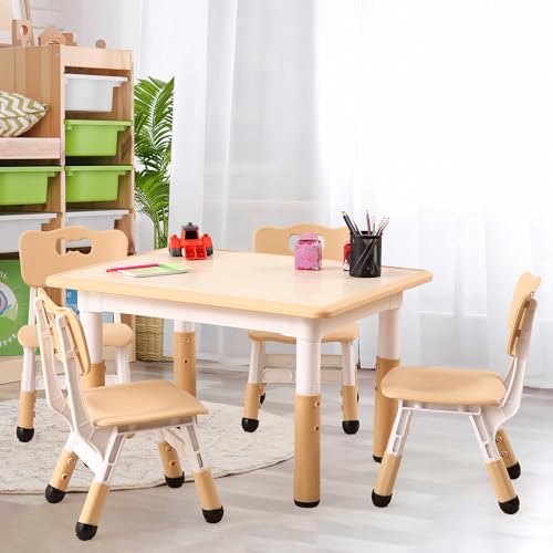 Garvee Kids Table and 4 Chairs Set, 5-Piece Height Adjustable Toddler Table with Graffiti Wipe-Clean Desktop, Non-Slip Legs & Storage Organizer, Preschool Activity Desk for Ages 2-6