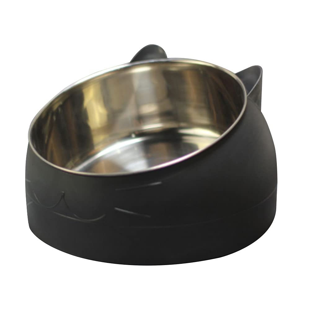 Pumpumly Tilted Cat Bowl,Raised Cat Bowl with Stand 15° Tilted Pet Bowl,Stainless Steel Anti Vomiting Cat Bowl,Cat Dog Feeding Bowl Protect The Spine for Pet 400ml Black