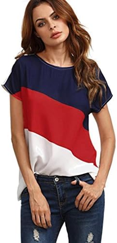 vavomy Blouses for Women, Women's Color Block Chiffon Short Sleeve Casual Blouse Shirts Tunic Tops (S, Red)
