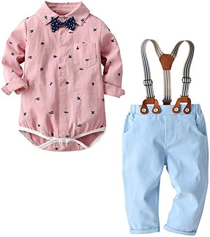 Baby Boy Suit Outfits Set, Toddler Cartoon Airplane Printed Bowtie Gentleman Wedding Party Romper with Straps Overall