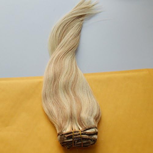 120g/set 7 pieces Remy Human Hair Clip in Extensions Brown with Blonde Highlights Hair Extensions Silky Straight (16 inch, P18/613 Ash Blonde Mixed with Light Blonde)