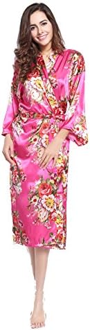 Zarachilable 14 Color Long floral robe Bride Kimono bridesmaid Robe satin Night dress (hot pink)