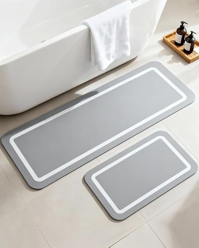 SLEEPHEAD®Soft Diatomaceous Earth Bath Mat, Quick Dry Bathroom Mats 2 Piece, Gray Super Absorbent Bath Mat Set, Washable Non Slip Bathroom Rugs, Stone Bath Mats Alternative