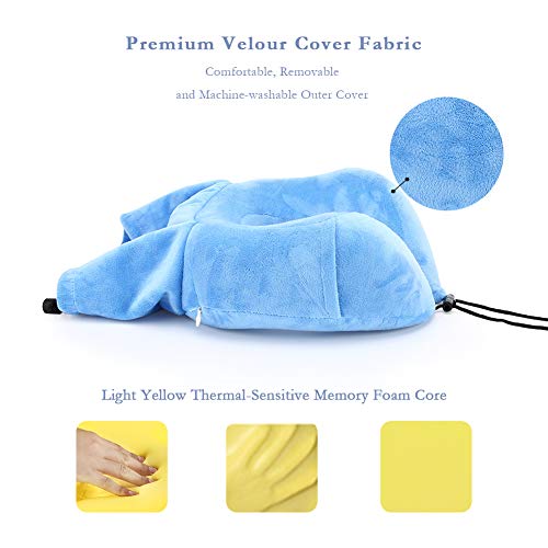 Mastery Mart Travel Pillow, Memory Foam Neck Pillow for Airplane Car, Head Neck and Chin Support with Portable Washable Case (Sky Blue)
