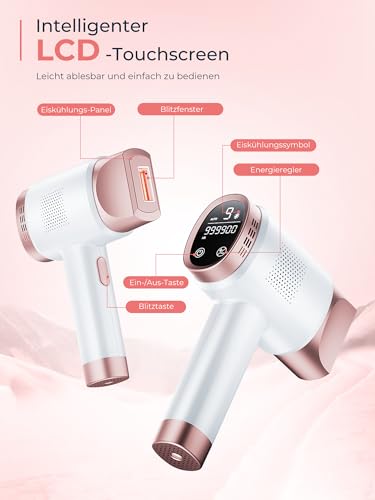 21J IPL Devices Hair Removal with 8°C Ice Cooling System, Laser Hair Removal 9 Levels & 600 NM Red Light, LCD Touch Screen IPL Hair Removal Device for Women Men, Face Arm Bikini Zone Body, Rose