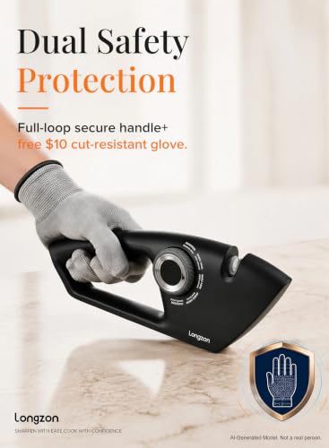 longzon Knife Sharpener 6-in-1 Manual Sharpening Tool with Cut-Resistant Glove, for Kitchen Knives, Serrated Knives, Scissors, and Pocket Knives – Safe and Easy to Use
