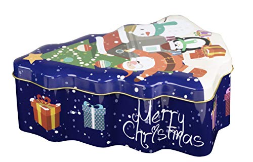 Juvale Christmas Tin Gift Box - 2-Set Tree-Shaped Cookie Candy Storage Containers with Lids for Confectioneries, Holiday Decor, Blue with Gold Lining, 6 x 7.25 x 2.6 Inches