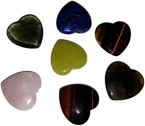 Seven (7) Different Gemstone 25mm (1in) Puffy Hearts - Rose Quartz, Smoky Quartz, Tiger's Eye, Lemon Jade, Lapis Lazuli, Green Fluorite, Red Tigers Eye - Chakras