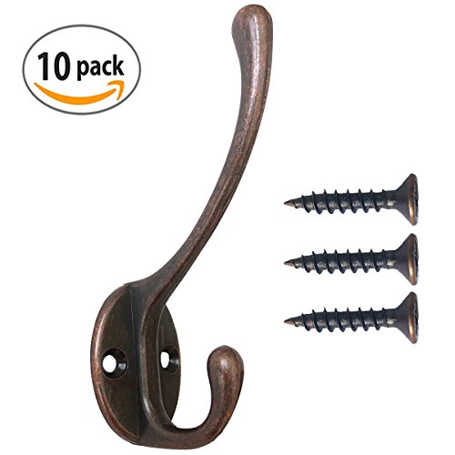 10 Pack Heavy Duty Dual Coat Hooks Wall Mounted with 30 Screws Retro Double Utility Rustic Hooks for Coat, Scarf, Bag, Towel, Key, Cap, Cup, Hat (Vintage Copper)