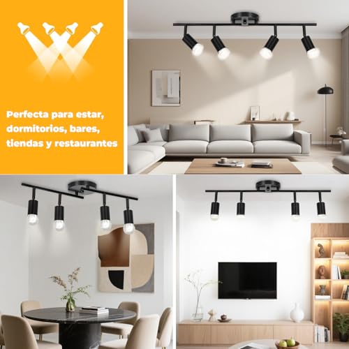 Lampara de techo Kit de iluminación de riel ajustable,iluminación de riel negro de 4 luces para techo,Compatible con E26/E27