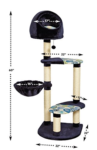 MidWest "Resort" Cat Tree / Cat Furniture, 4-Tier Cat Tree w/ Sisal Wrapped Cat Scratching Support Posts, Hanging Cat Bunker Bed & High Canopy Cat Perch, Blue / White Pattern, Large Cat Tree