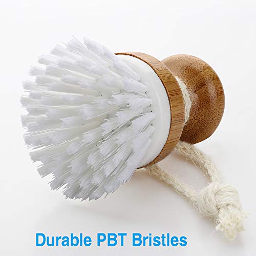 Dish Brush with Durable Bristles Bamboo Grip for Dishes Pot Pan Kitchen Sink Vegetable Cleaning, 3 Pcs