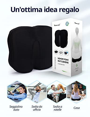 Travel Ease Ergonomic Chair Cushion, Memory Foam and Premium Gel Cushion with Non-Slip Base for Long Comfort, Hip Support Cushion for Office Chair, Car Seat (Black)