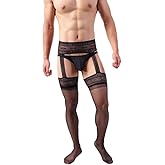 Manguo Mens Lace Tights Fishnet Thigh High Suspender Stockings Pantyhose for Men
