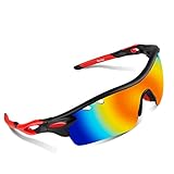 Polarized Sports Sunglasses, Poshei P01 Outdoor Sun Glasses with 5 Interchangeable Lenses for Men Women Baseball Cycling Fishing Golf (Black&Red)