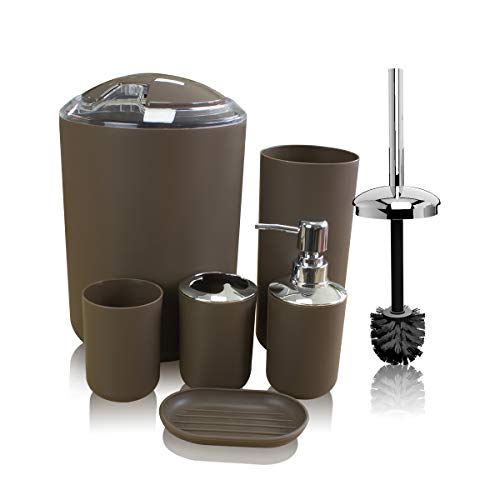 TEKITSFUN Brown Bathroom Accessories Set, 6 Pieces Plastic Gift Bath Accessory Set Luxury Ensemble Includes Toothbrush Holder,Toothbrush Cup,Soap Dispenser,Soap Dish,Toilet Brush Holder,Trash Can