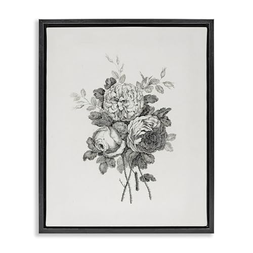 Stupell Industries Mixed Monochrome Flowers Black Framed Floater Canvas Wall Ar…