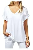 Kumer Women's Summer Loose Fit Roll Over Short Sleeve Lightweight Top Tee V Neck Casual T-Shirt