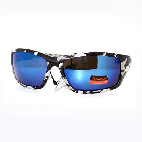 Mens Xloop Sunglasses Wrap Around Rectangular Black Camo Blue Mirror