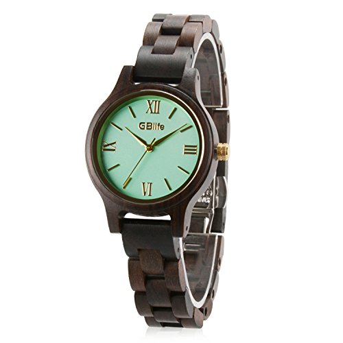 Wood Watch for Women, GBlife Wooden Handmade Watch with Lightweight Adjustable Wood Band, Golden Pointers Natural Casual Fashion Quartz Wristwatch