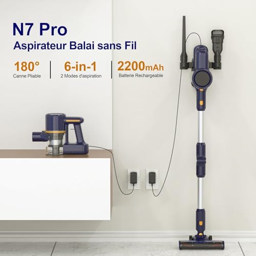 Aspirateur Balai sans Fil, aspirateur sans Fil Puissant, Aspirateur Pliable, 40Min Autonomie, Brosse Anti-emmêlement, 6 en 1 Aspirateur sans Sac Léger Silencieux pour Sol Dur Tapis Poils d'animaux(BM)