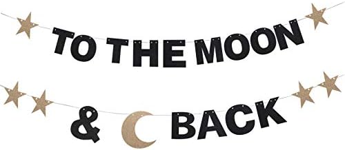 to The Moon and Back Black Glitter Letter Bunting Banner Pale Gold Little Star Sweet Love Baby Shower Birthday Wedding Anniversary Party Gift Keepsake Decoration Supplies Photo Prop.