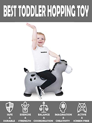 WADDLE Horse Hopper Animal Bouncer Bouncy Toys for Toddlers Play Fun Kids Toy Hopping Inflatable Jumper Cute Farm Toys with Hand Pump Children's Grey Riding Pony Hobby Horse