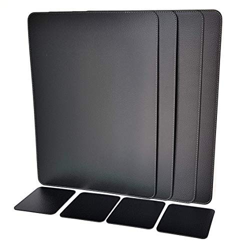 Nikalaz Set of Placemats and coasters, 4 table mats and 4 coasters, Place Mats, Recycled leather (Black, 45.7 x 33.02 cm)