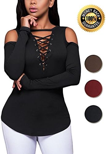 LOVEJIE Women's Cold Shoulder Tops Casual Long Sleeve Lace-Up Tunic Stretchy Shirt Blouse (Black, Medium)