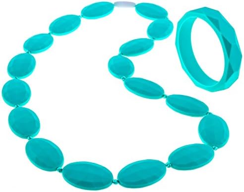 Beabies Teething Necklace for Mom to Wear and Bracelet/Bangle - Smart Baby Shower Gifts - Breastfeeding Silicone Teether Beads Provide Soothing Pain Relief (Turquoise/Teal)