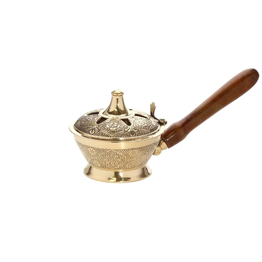 NKlaus 2x incense pan wooden handle handmade brass incense burner esoteric gold 40424