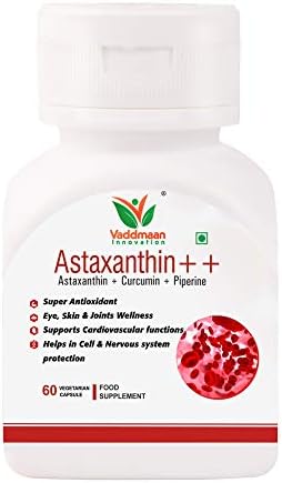 Vaddmaan Astaxanthin++ – 60 Capsules, Natural Astaxanthin 20%, Natural Curcumin 95%, Piperine 95% Super Antioxidant, Vegan, Eye, Brain & General Wellness Vaddmaan Astaxanthin++ – 60 Capsules, Natural Astaxanthin 20%, Natural Curcumin 95%, Piperine 95% Super Antioxidant, Vegan, Eye, Brain & General Wellness