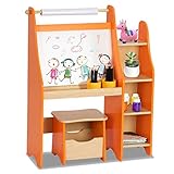 Costzon Kids Art Easel, Wooden Drawing Desk with Three Storage Book Shelves, Stool with Storage Compartment, Chalk Board & Paper Roll, Two Pencil Holders Orange