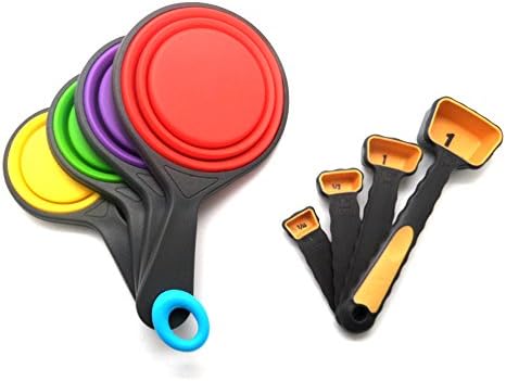 8-piece, BPA Free Silicone, Collapsible Measuring Cups and Spoon Set - Collapsible Measuring Cups Set & Measuring Spoons Set, Stackable Colorful Baking Utensils, Engraved Measurement Tools