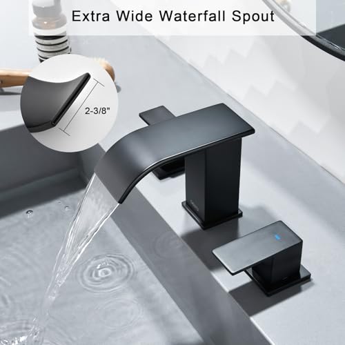 OMEKNTOP Matte Black Bathroom Faucet 3 Hole, 8 Inch Waterfall Black Bathroom Faucet with cUPC Hose, Two Handle Bathroom Sink Faucet for Basin Lavatory Vanity