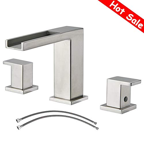 Waterfall Stainless Steel Two Handle Three Hole Widespread Bathroom Faucet, Brushed Nickel Bathroom Sink Faucet With Hoses - Thumbnail 7