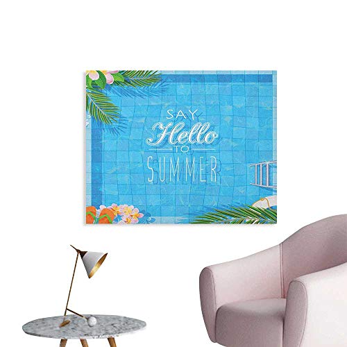 Anzhutwelve Quote Wallpaper Say Hello to The Summer Slogan on a Pool with Ladder Flip Flops and Flowers Design Space Poster Multicolor W48 xL32 - Thumbnail 5