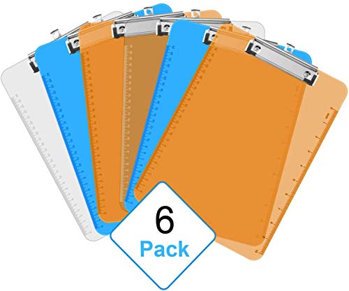 Plastic Clipboards, 6 Pack Hangable Letter Size with Side Ruler Flat Clip Low Profile Colorful Clipboards Office Supplies Durable Strong,A4 Stand Size 9"x12.5" Assorted (Clear,BLue,Orange)Multi Pack