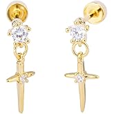 20g CZ Cross Dangle Drop Screw Flat Back Small Stud Earrings for Women Men Titanium Steel Cute Crystal Mini Cartilage Tragus Piercing Sensitive Ears Sleeper Studs Hypoallergenic Fashion Jewelry