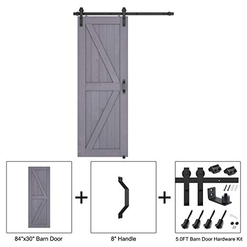Genius Iron Gray 30inx84in Barn Door with 5FT Sliding Door Hardware Kit & Flush and Pull Set & Floor Guide, Pre-Drilled Ready to Assemble Environmental Solid Fir Wood Single Door Panel, K-Frame - Thumbnail 3