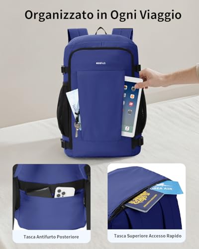 ECOHUB Zaino Ryanair 40x30x20 cm Leggero e 2 in 1, Zaino da Viaggio Pieghevole Sotto il Sedile, Bagaglio a Mano con Tasca Antifurto, Borsa da Cabina in Tessuto Riciclato per Uomo e Donna, Blu