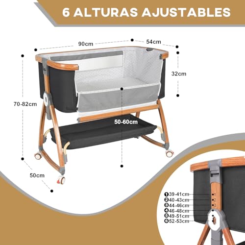 Muja Cuna Multifuncional, Colecho para Padres, Cuna con Mosquitero, Portátil, Ajustable, Convertible a Mecedora, Rueda Silenciosa, Cesta de Almacenamiento(Gris Oscuro)
