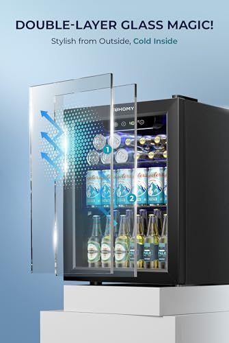 EUHOMY 60 Can Beverage Refrigerator cooler-Mini Fridge Glass Door for Beer Drinks Wines, Countertop Beverage Fridge with Adjustable Shelves Blue LED, 1.6 cu.ft
