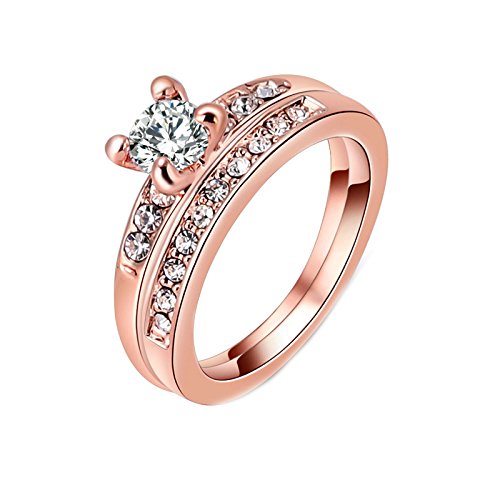 Gold Plated Ring, Round Cut Cubic Zirconia CZ Engagement Wedding Ring Set For Women-Rose Gold Size 8