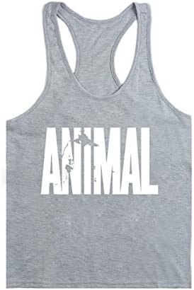 YAMQL Mens Animal Letter Print Fitness Gym Stringer Tank Tops for Bodybuilding Muscle Workout (L, Grey-white)