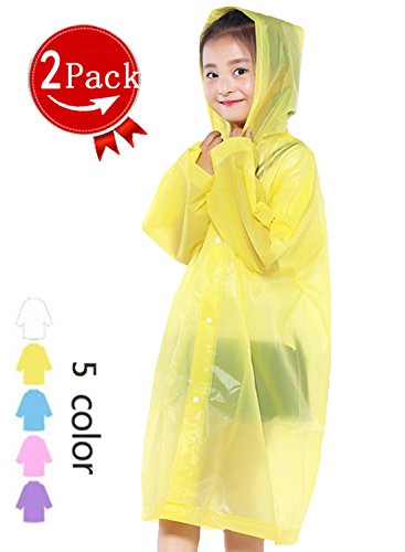 T-wilker 2 Pack Kids Rain Ponchos Drawstring Raincoat with Hoods 6-12 Year Old Children Rain Coat for Outdoor Sports,Theme Park,Camping, Hiking ,Traveling or Emergencies Needed (yellow)