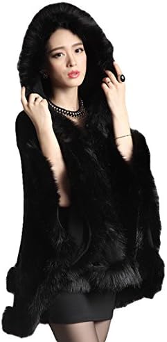 Women's Faux Fox Fur Trim Hooded Knit Cape Cloak shawl (black)