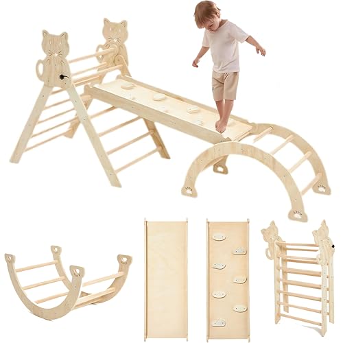 AM ANNA Pikler Triangle Set for Toddlers Climbing Toys Indoor, 7 in 1 Toddler Climbing Toys Indoor, Montessori Foldable Climbing Set, Wooden Climbing Toys for Toddlers 1-3 (Wood)