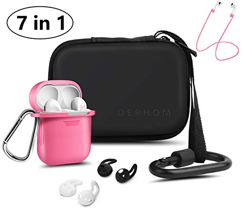 Compatible Airpods Accessories – Derhom Waterproof Silicone Hang Case Cover Anti-Lost Strap, Ear Hooks, Keychain, Headphone Accessories Storage Travel Bag Compatible Airpods (Hot Pink)